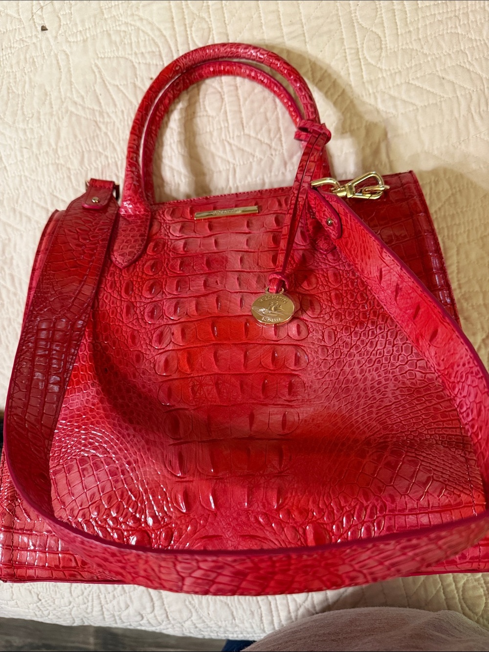 Brahmin Bright Orange/Pink Croc Embossed Leather Satchel w/ Shoulder Strap